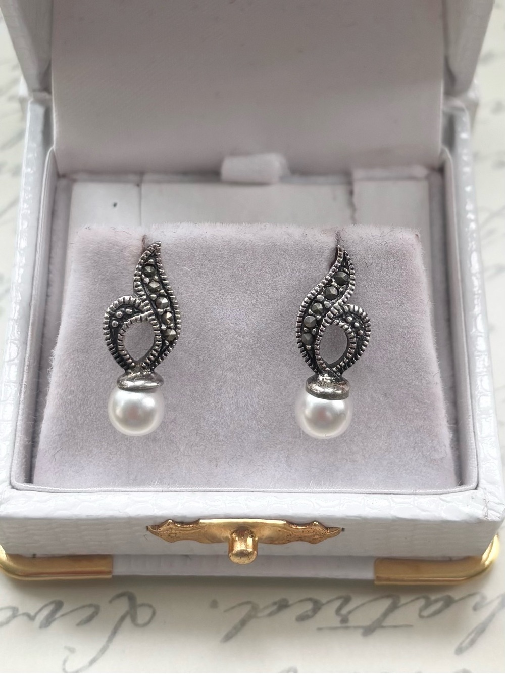Estate Sterling Silver Pearl Drop Stud Earrings with Marcasite Detail - Picture 2 of 7